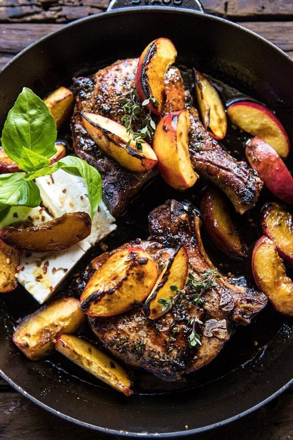 Skillet balsamic peach pork chops with feta and basil