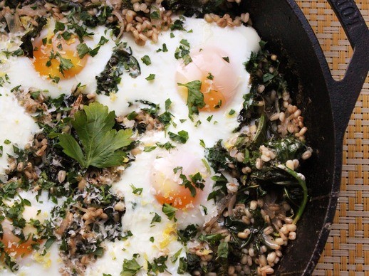 Skillet barley with kale and eggs