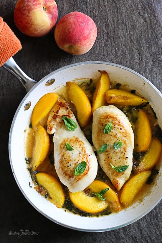Skillet basil-peach chicken breasts