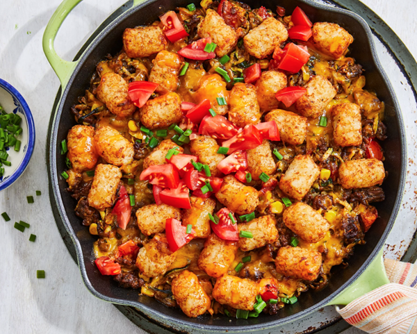 Skillet beef, corn & zucchini Tater Tot casserole