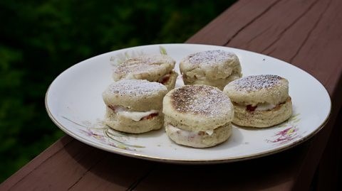 Skillet biscuits with watermelon, strawberry and coconut jam and whipped buttermilk cream