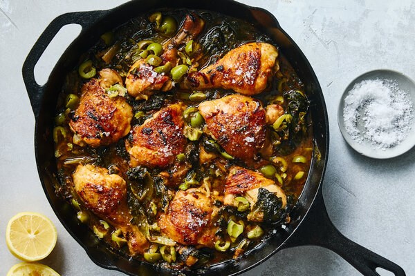 Skillet-braised chicken with greens and olives