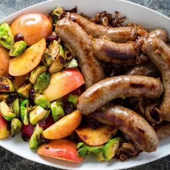 Skillet bratwurst with apples and Brussels sprouts