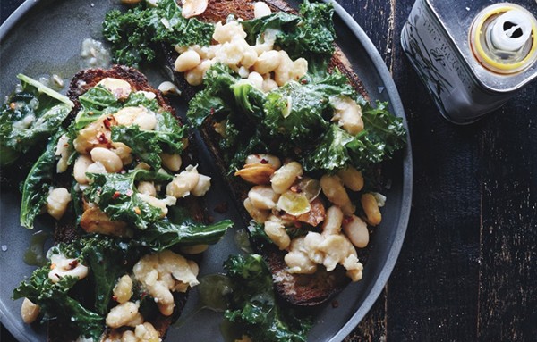 Skillet bruschetta with beans and greens