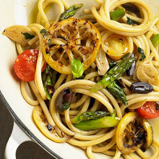 Skillet bucatini with spring vegetables