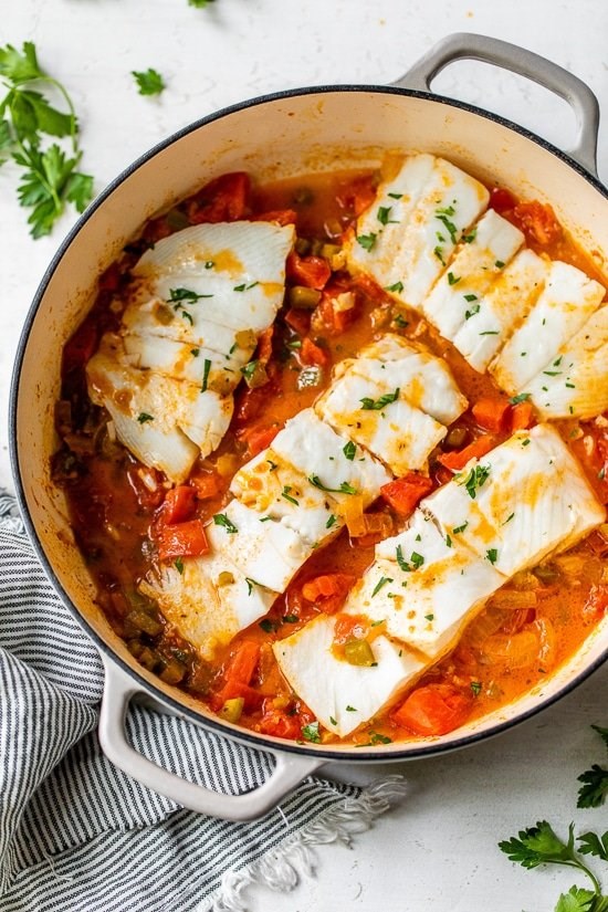Skillet Cajun spiced flounder with tomatoes