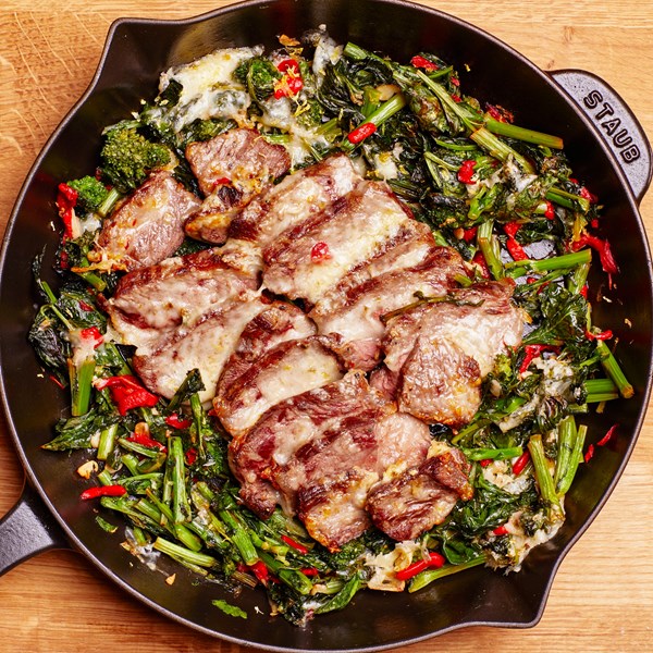 Skillet cheesesteak with broccoli rabe