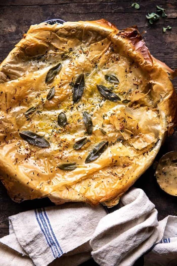 Skillet chicken and broccoli pot pie with garlic butter phyllo crust