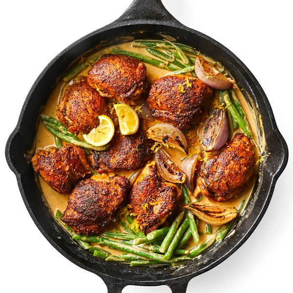 Skillet chicken and green beans with lemon-tahini sauce
