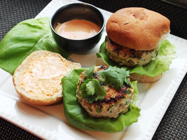 Skillet chicken burgers with ginger, scallions, and Sriracha mayonnaise