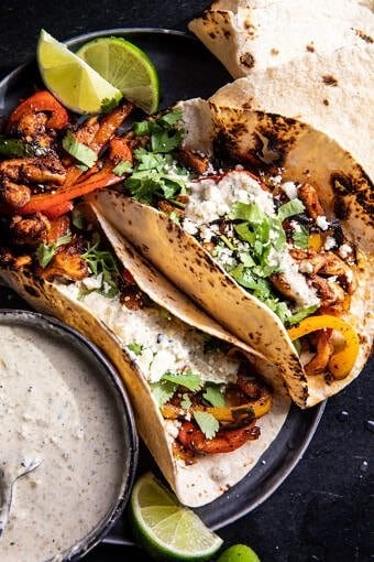 Skillet chicken fajitas with creamy jalapeño verde sauce