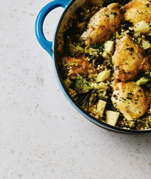Skillet chicken thighs & couscous with seasonal vegetables [Sarah Carlisle]