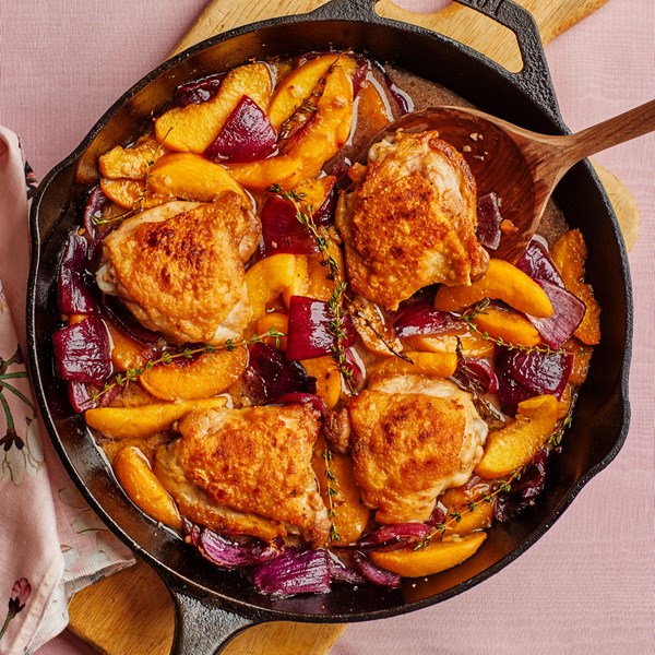 Skillet chicken thighs and peaches 