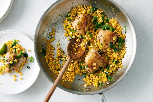 Skillet chicken thighs with brown butter corn 