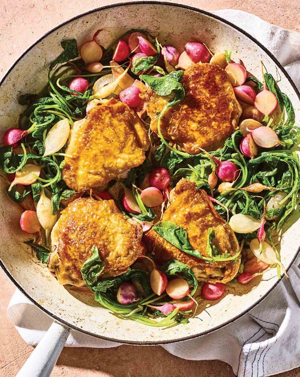 Skillet chicken thighs with schmaltzy, vinegary radishes