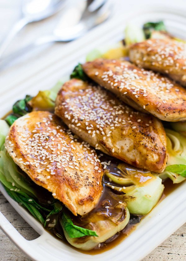 Skillet chicken with baby bok choy