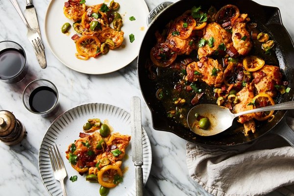 Skillet chicken with pancetta, torn olives & caramelized lemons