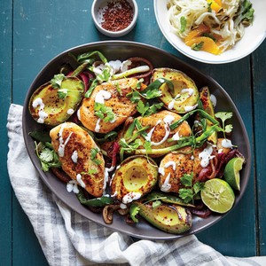 Skillet chicken with seared avocados