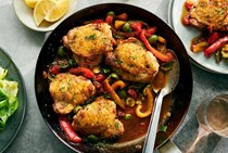 Skillet chicken with silky peppers and green olives