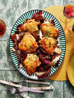 Skillet chicken with wilted radicchio, anchovy, and onion