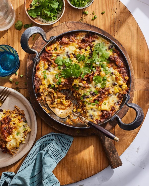 Skillet chipotle chicken enchilada bake