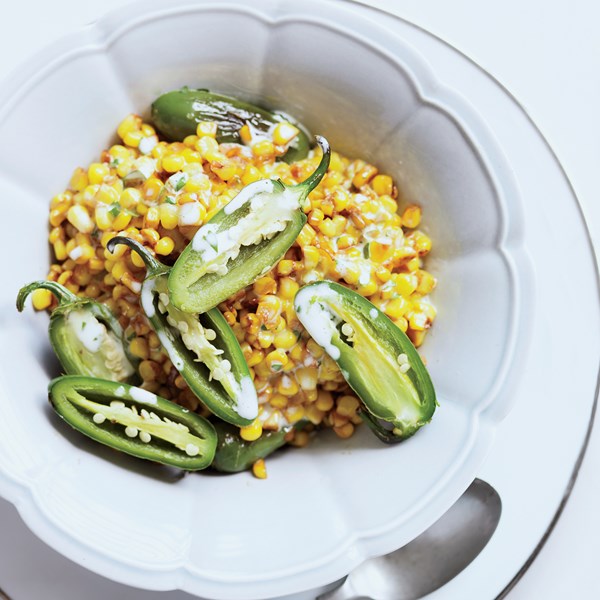 Skillet corn & peppers with cilantro-lime mayo [Linton Hopkins]                            