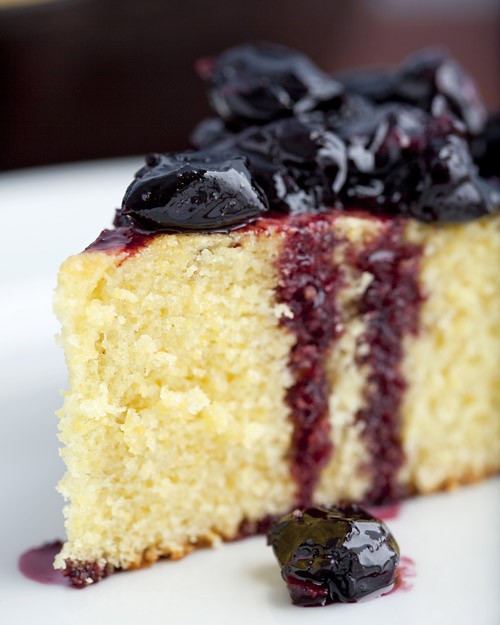 Skillet corn cake with stewed cherries