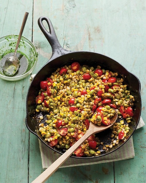 Skillet corn, edamame, and tomatoes with basil oil