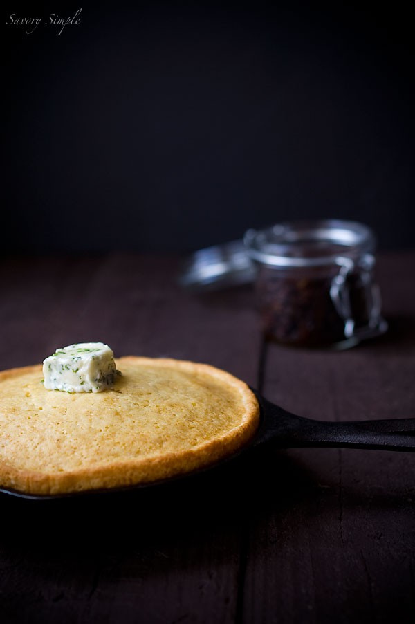 Skillet cornbread with bacon jam and chive butter