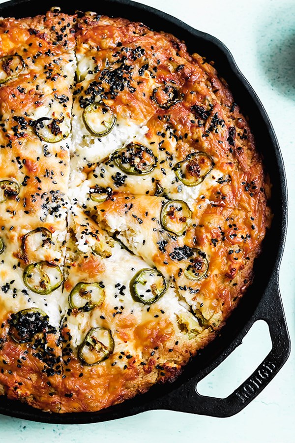 Skillet cornbread with cheddar, feta, and jalapeno