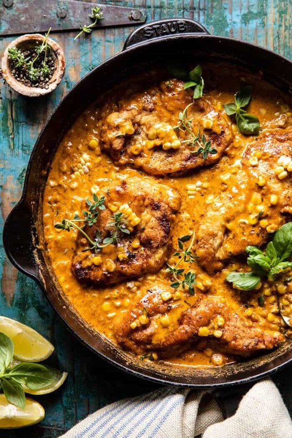 Skillet creamy Cajun chicken lazone with herby corn