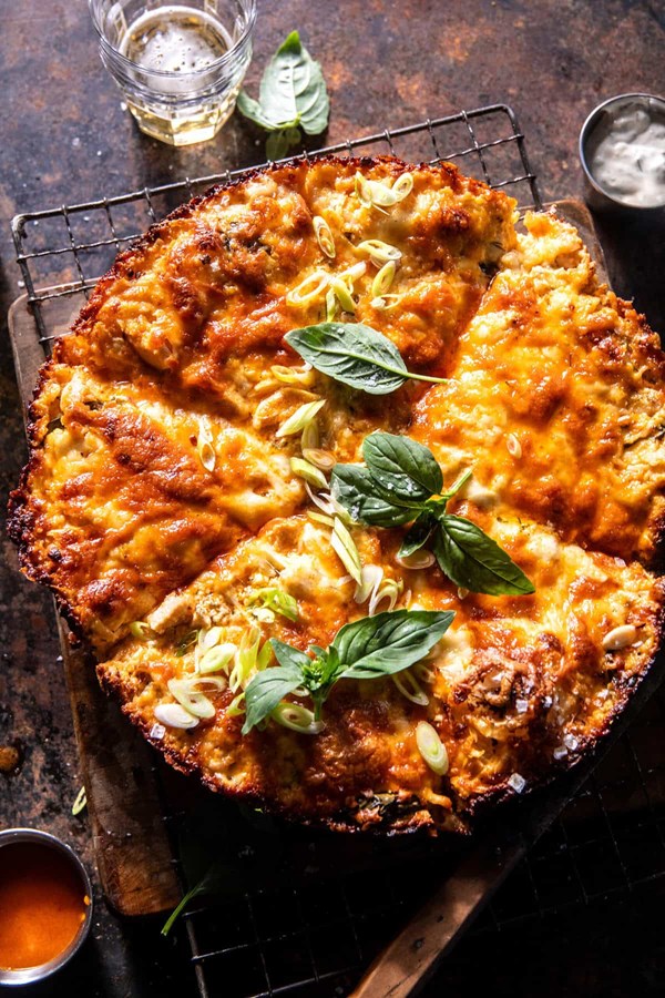 Skillet crispy cheese Buffalo chicken pizza