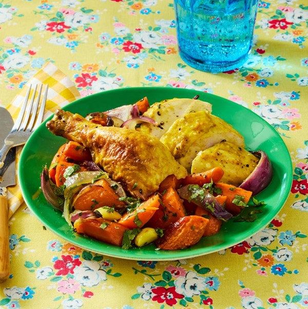 Skillet curried roast chicken with carrots and onions