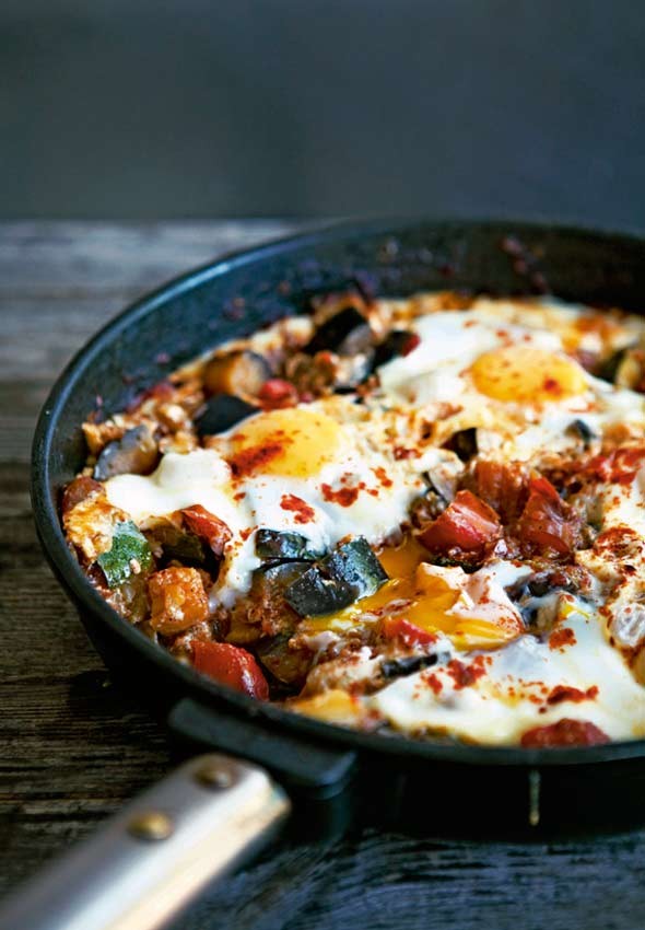 Skillet eggs with chorizo and vegetables