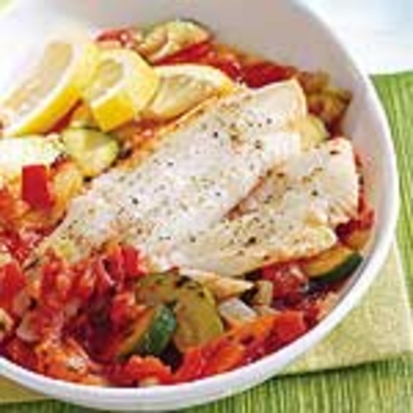 Skillet fish with tomato zucchini sauce