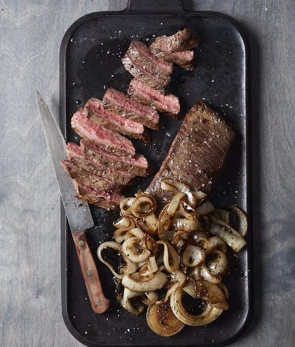 Skillet flank steak with charred onions