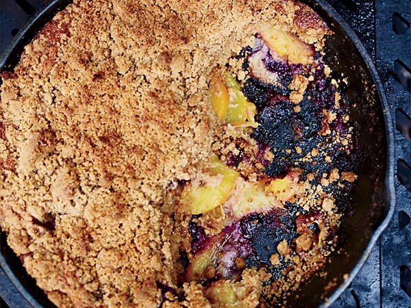 Skillet graham cake with peaches and blueberries [Stephanie Izard]