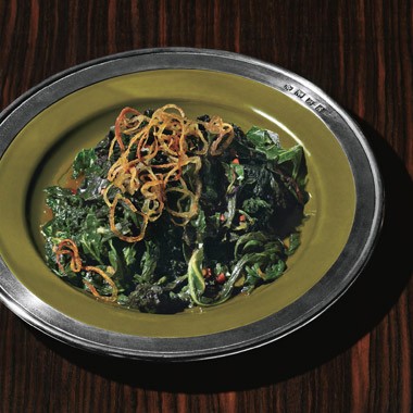 Skillet greens and crispy shallots and cider gastrique