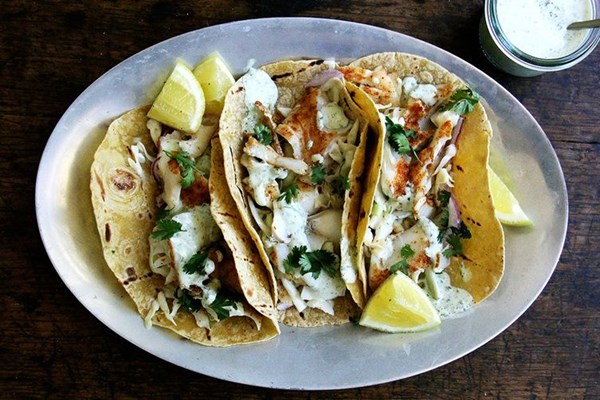 Skillet-grilled fish tacos with cilantro-lime crema