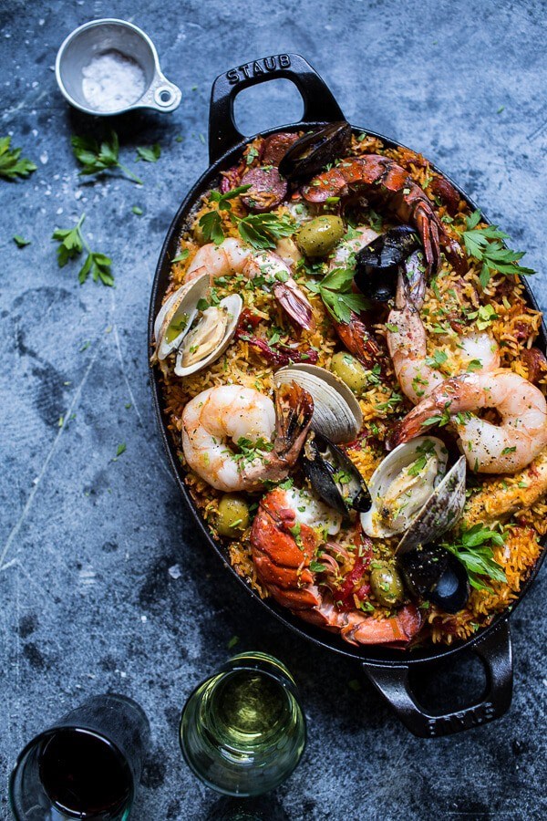 Skillet grilled seafood and chorizo paella