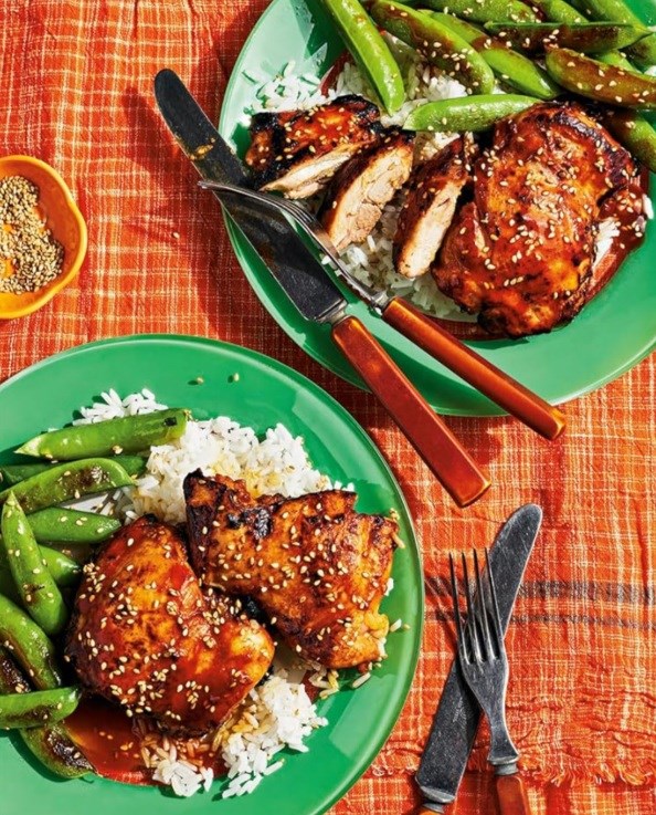 Skillet hot sauce & brown sugar chicken thighs with frazzled snap peas