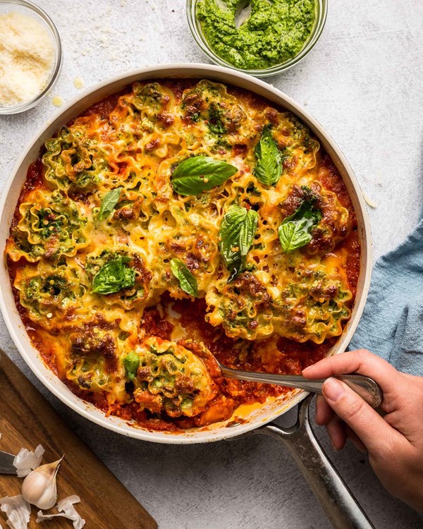 Skillet lasagna roll-ups with kale pesto