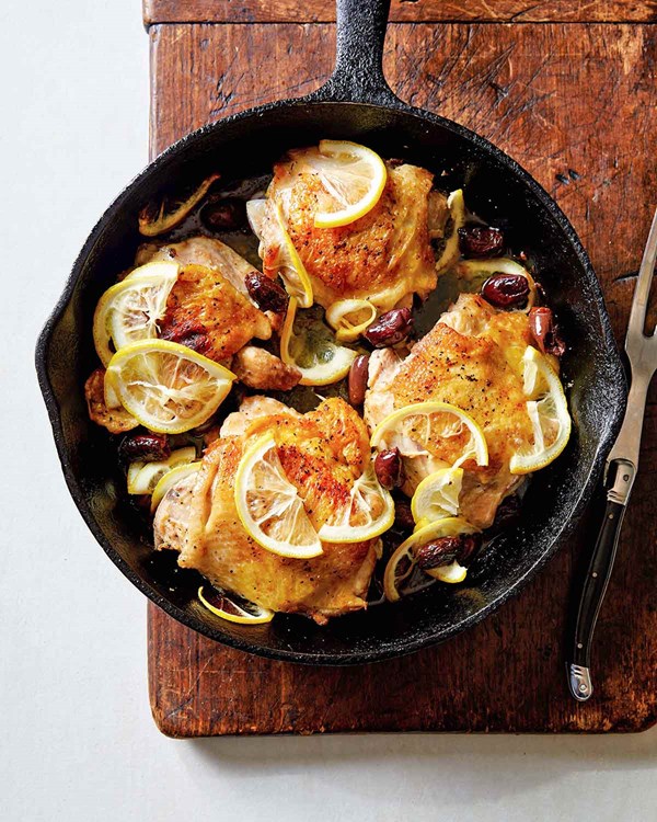 Skillet lemon chicken thighs with blistered olives