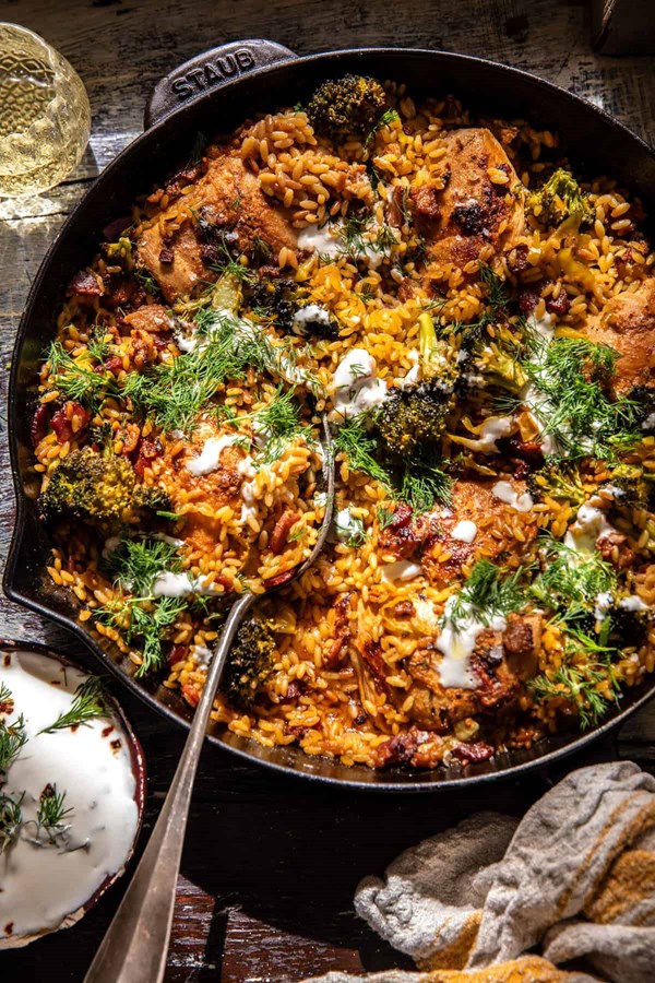 Skillet lemon pepper chicken and orzo with feta sauce