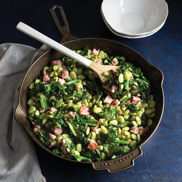 Skillet lima beans and turnip greens with salt pork