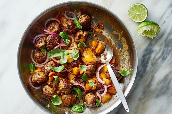 Skillet meatballs with peaches, basil and lime