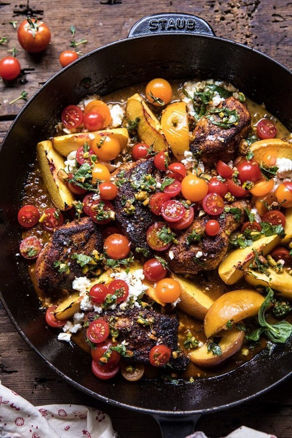Skillet Moroccan chicken with tomatoes, peaches, and feta