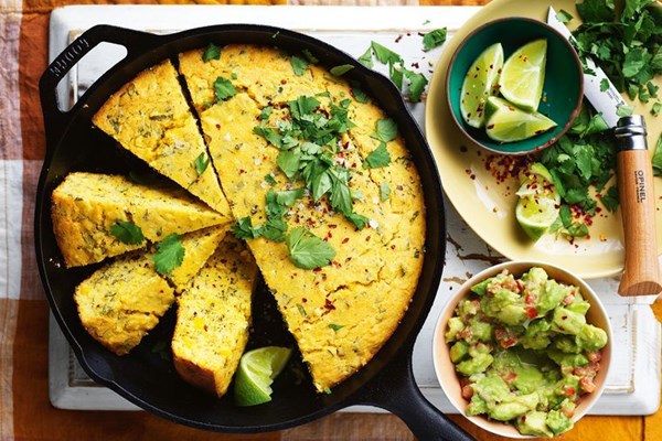 Skillet-pan cornbread with breakfast guacamole