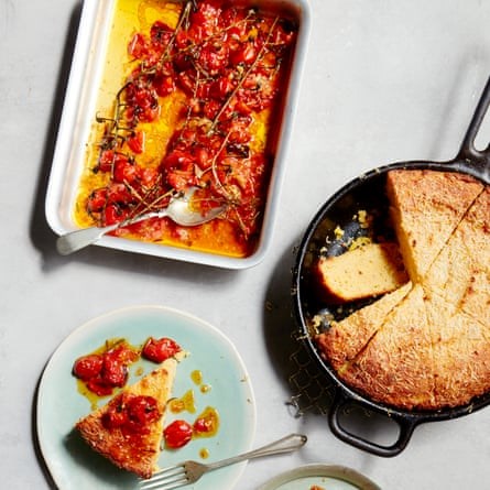 Skillet Parmesan cornbread with garlicky tomatoes