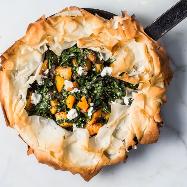 Skillet phyllo pie with butternut squash, kale, and goat cheese